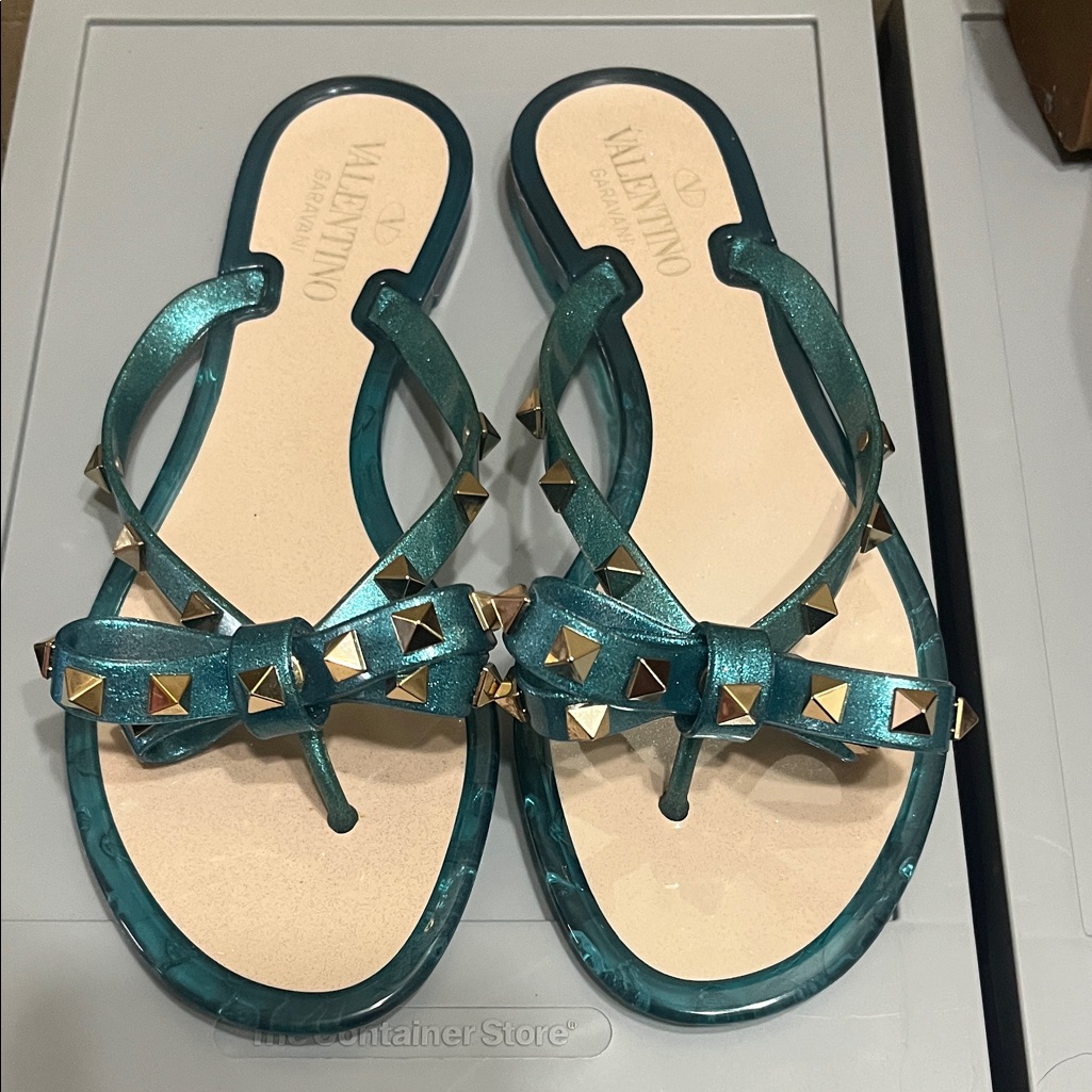 Valentino Teal Sandals With Gold Studs